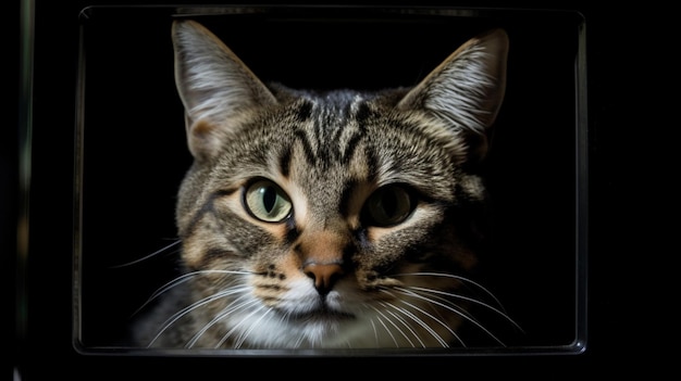 A cat is looking out of a window with a black background.