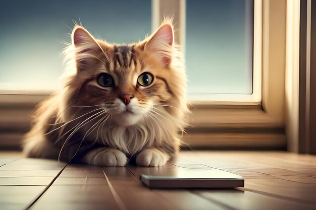 A cat is looking at a phone on the floor.