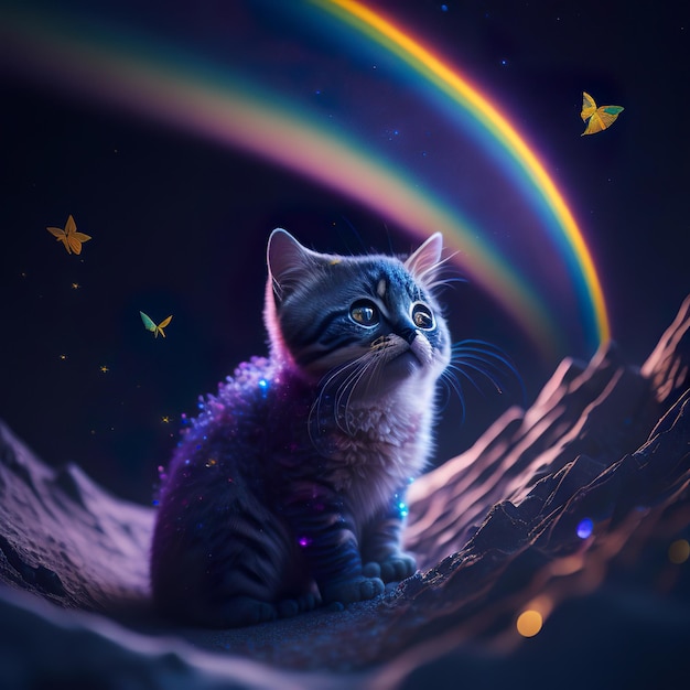 A cat is looking at a rainbow that is on a moon.