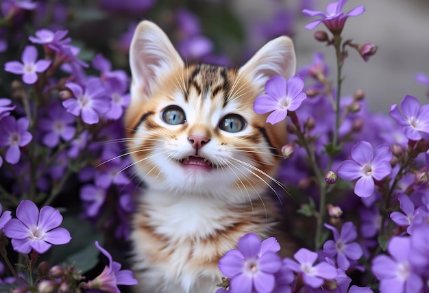 Photo a cat is looking up at the camera and the purple flowers are purple