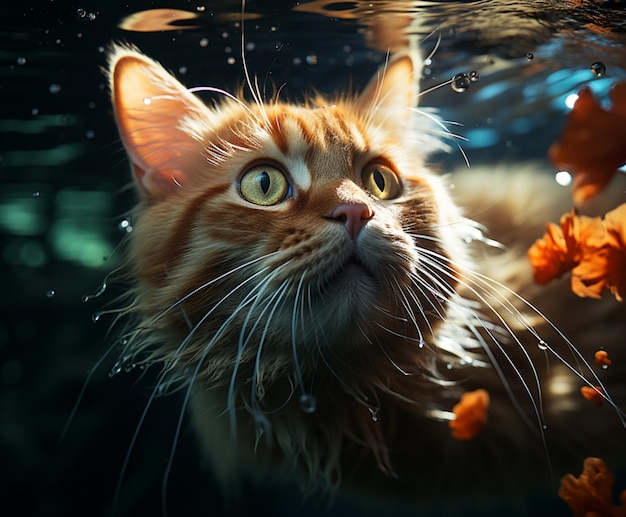 Photo a cat is looking up at a fish in the water ai generated