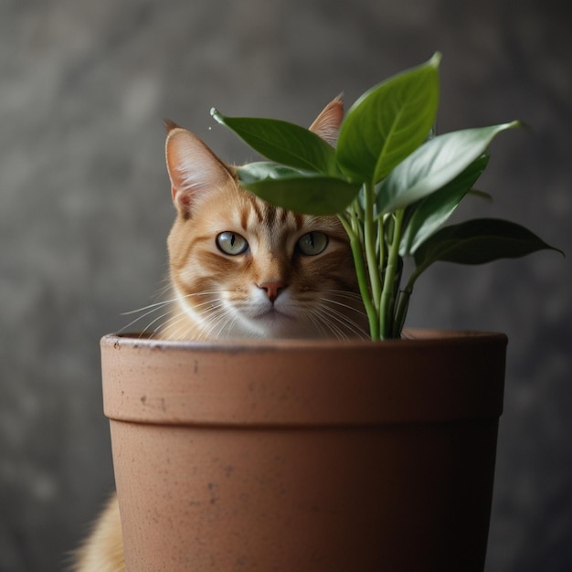 a cat is looking up while sitting in a flower pot