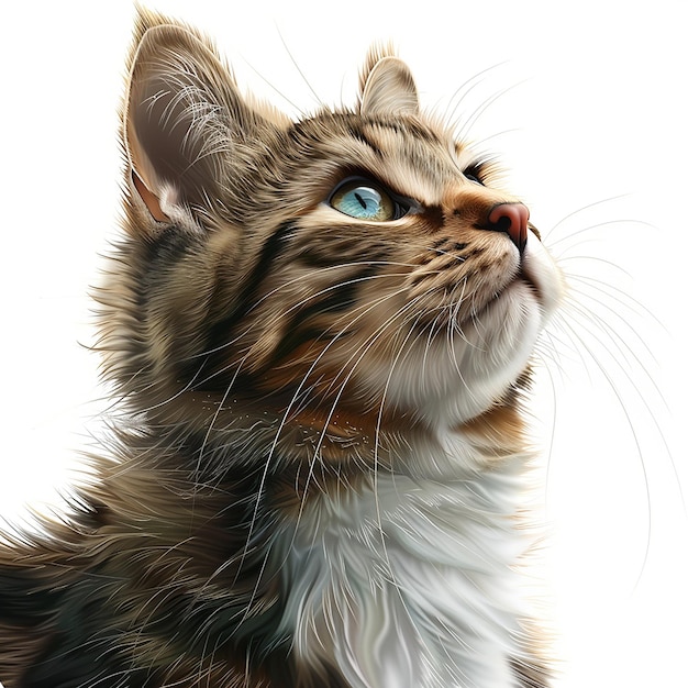 a cat is looking up with a white background