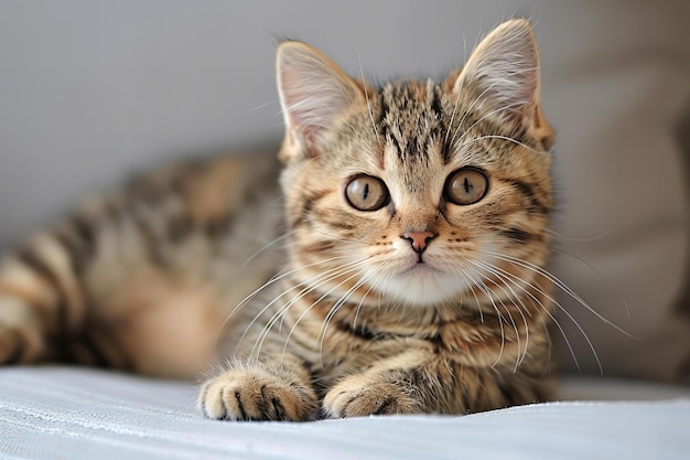 Photo a cat is lying on a white sheet with a black and brown striped cat