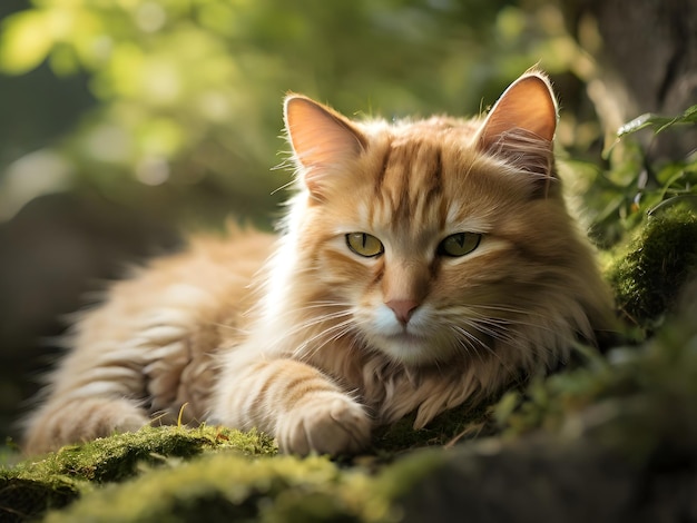 cat is nestled comfortably on a mossy rock