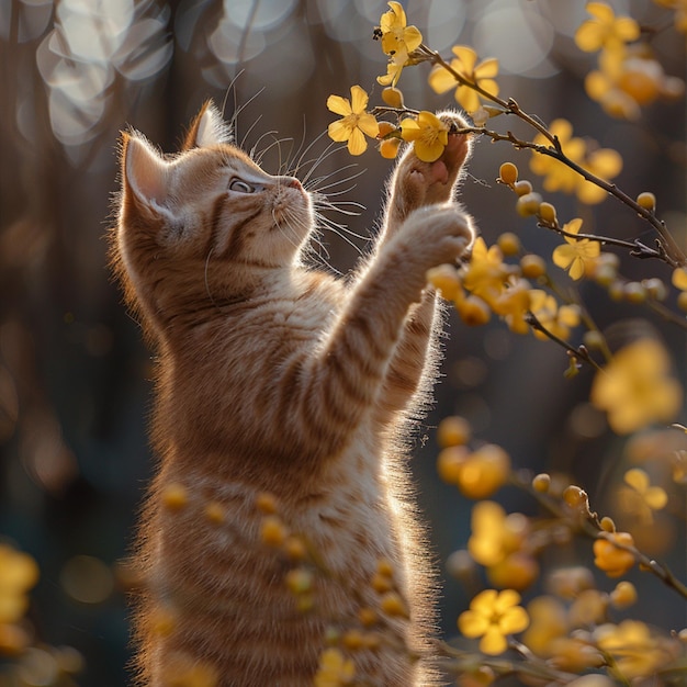 a cat is playing with flowers and a cat is looking up