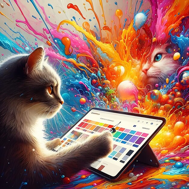 Photo a cat is playing with a tablet with a cat on it