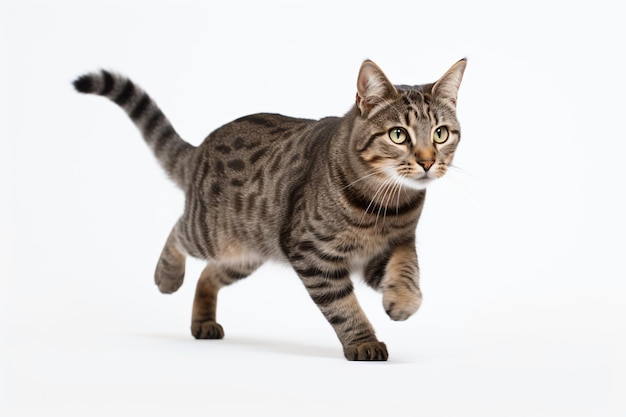 a cat is running across a white surface