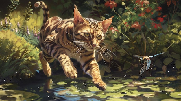 a cat is running in a pond with a toy car in the background