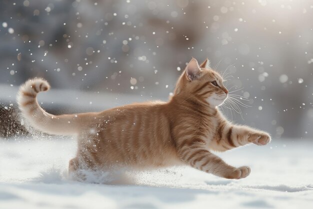 A cat is running through the snow leaving a trail of paw prints behind it