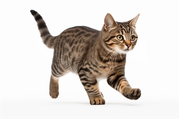 a cat is running on a white surface