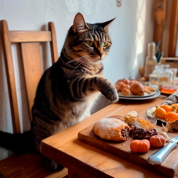 Cat is seated at table with various food items in front of it Cat appears curious and possibly