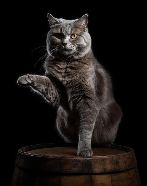 A cat is sitting on a barrel with its paw raised.