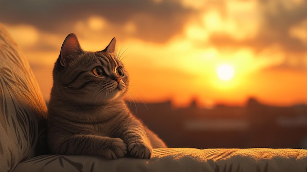 Photo a cat is sitting on a blanket in front of a sunset