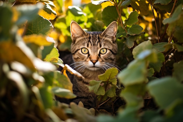 a cat is sitting in the bushes looking at the camera