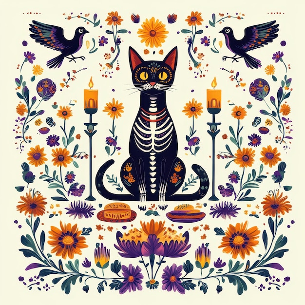 Photo a cat is sitting in a colorful floral design with birds and flowers