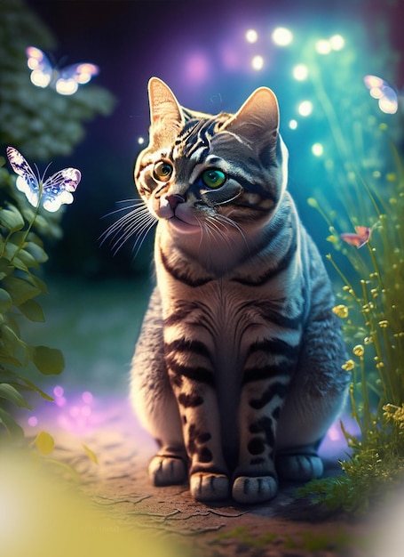 A cat is sitting in a colorful glow garden The cat is looking for species and glow lights