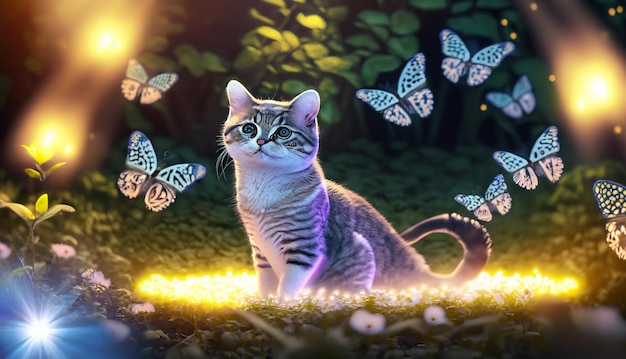 A cat is sitting in a colorful glow garden The cat is looking for species and glow lights