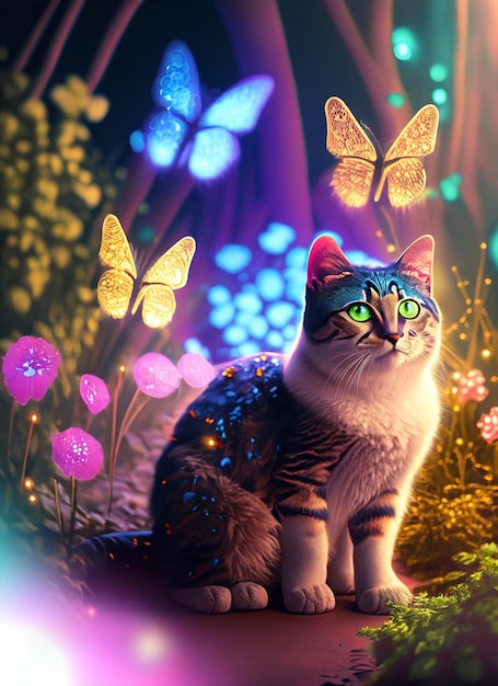 A cat is sitting in a colorful glow garden The cat is looking for species and glow lights