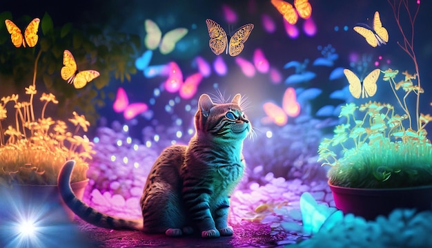 A cat is sitting in a colorful glow garden The cat is looking for species and glow lights