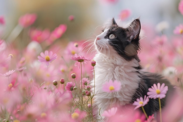 Photo a cat is sitting in a field of flowers and the word cat is on the side of it