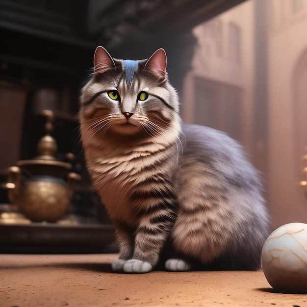 A cat is sitting on the floor next to a ball.