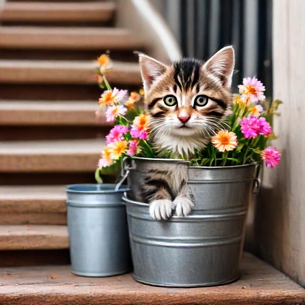 a cat is sitting in a flower pot on the steps