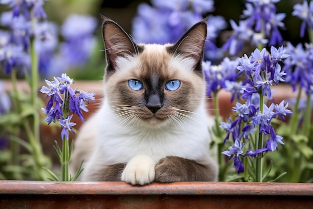 Photo a cat is sitting in a flower pot with purple flowers