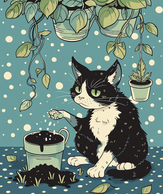 a cat is sitting in front of a pot with a plant in it