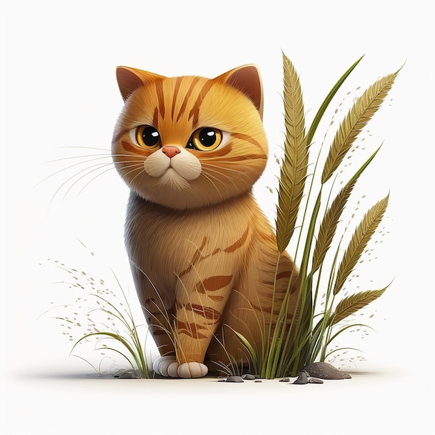 A cat is sitting in the grass and the cat is looking at the camera.