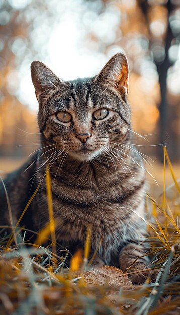 a cat is sitting in the grass and looking at the camera