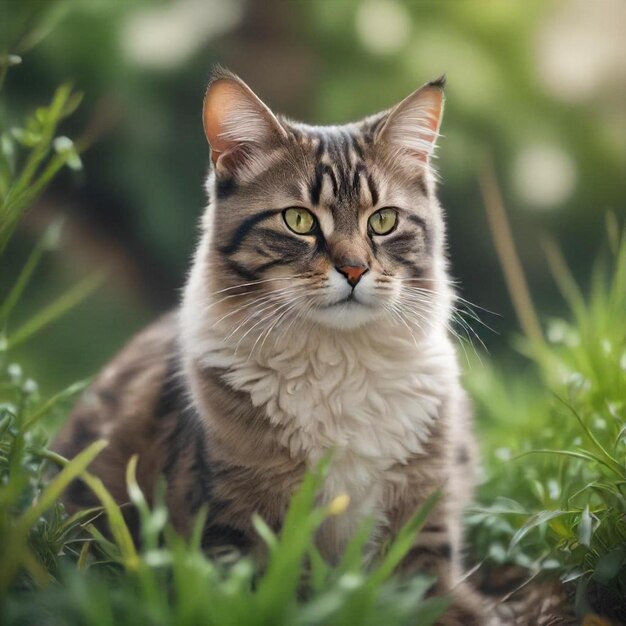 a cat is sitting in the grass with the name leuco on it