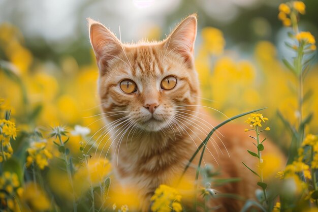 Photo a cat is sitting in the grass with yellow flowers