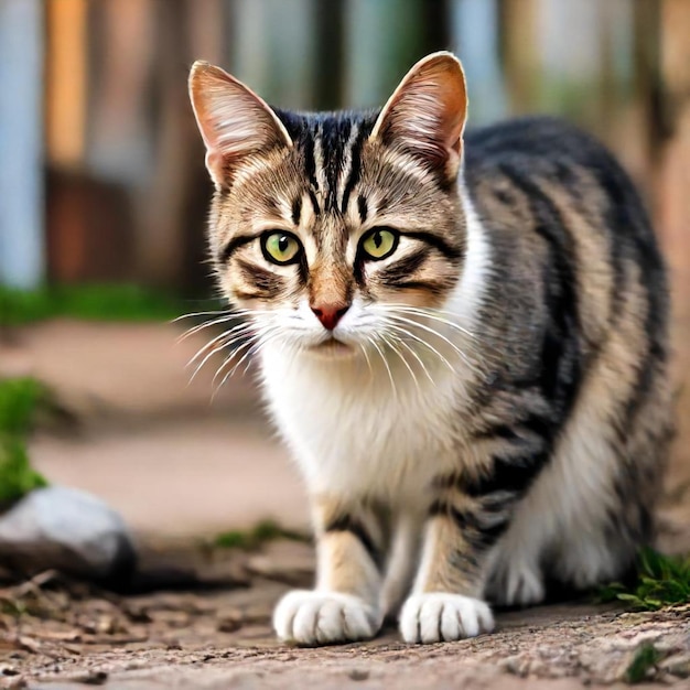 a cat is sitting on the ground and looking at the camera