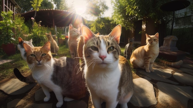 A cat is sitting on the ground with the sun shining on it.