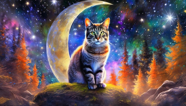 a cat is sitting on a hill and looking at the moon