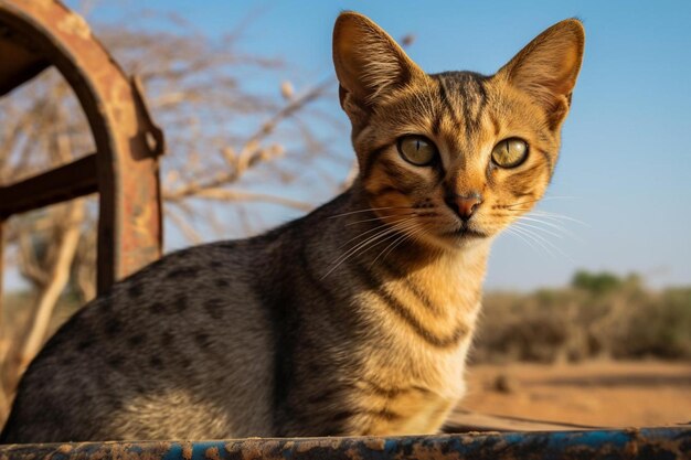 Photo a cat is sitting on a ledge with a blue sky in the background