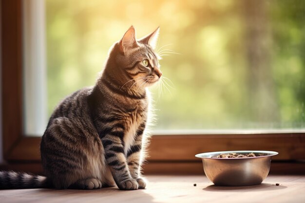 The cat is sitting near a bowl of dry food against the background of the window