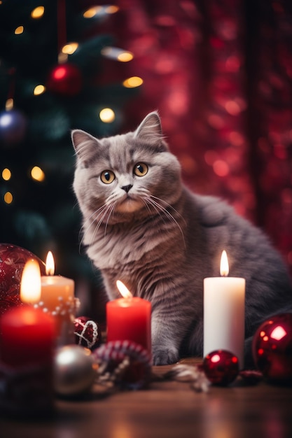 The cat is sitting near the christmas tree with candles