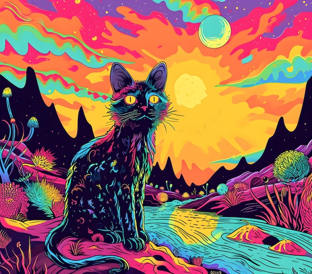 Photo a cat is sitting in a river with a colorful sky background