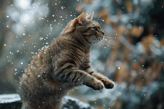 Photo a cat is sitting on a snowy surface with snow falling