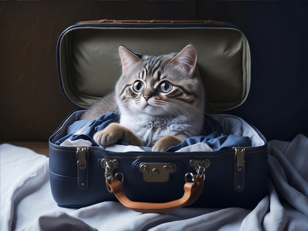 The cat is sitting in a suitcase AI generated