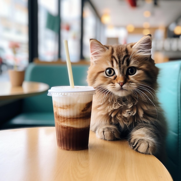 A cat is sitting on a table next to a cup of straw