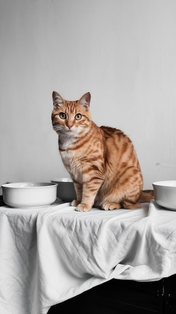 A cat is sitting on a table and has a black and white background