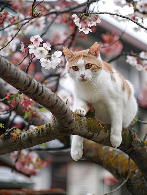 Photo a cat is sitting on a tree branch with flowers