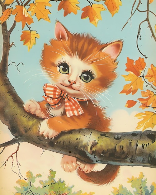 a cat is sitting on a tree branch with a red and white checkered bow