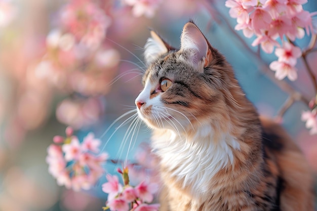 a cat is sitting in a tree with pink flowers