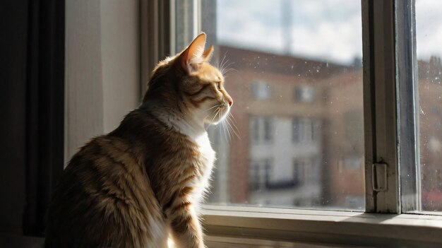 Photo a cat is sitting on a window sill and looking outside