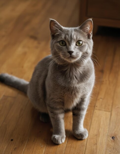 Photo a cat is sitting on a wooden floor and is looking at the camera