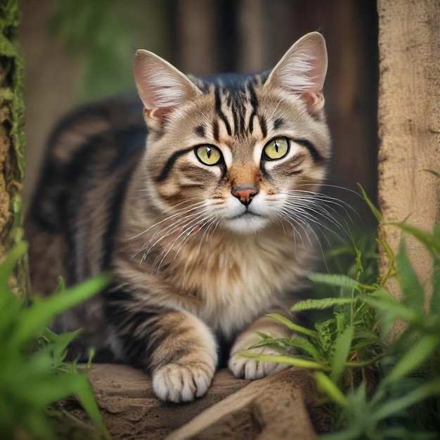 a cat is sitting on a wooden platform with green leaves